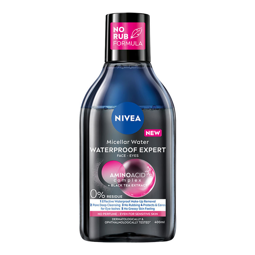 Мицеллярная вода `NIVEA` WATERPROOF EXPERT с комплексом аминокислот и экстрактом черного чая (для стойкого макияжа) 400 мл
