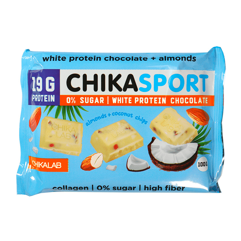 Шоколад `CHIKALAB` белый с миндалем и кокосовыми чипсами 100 г