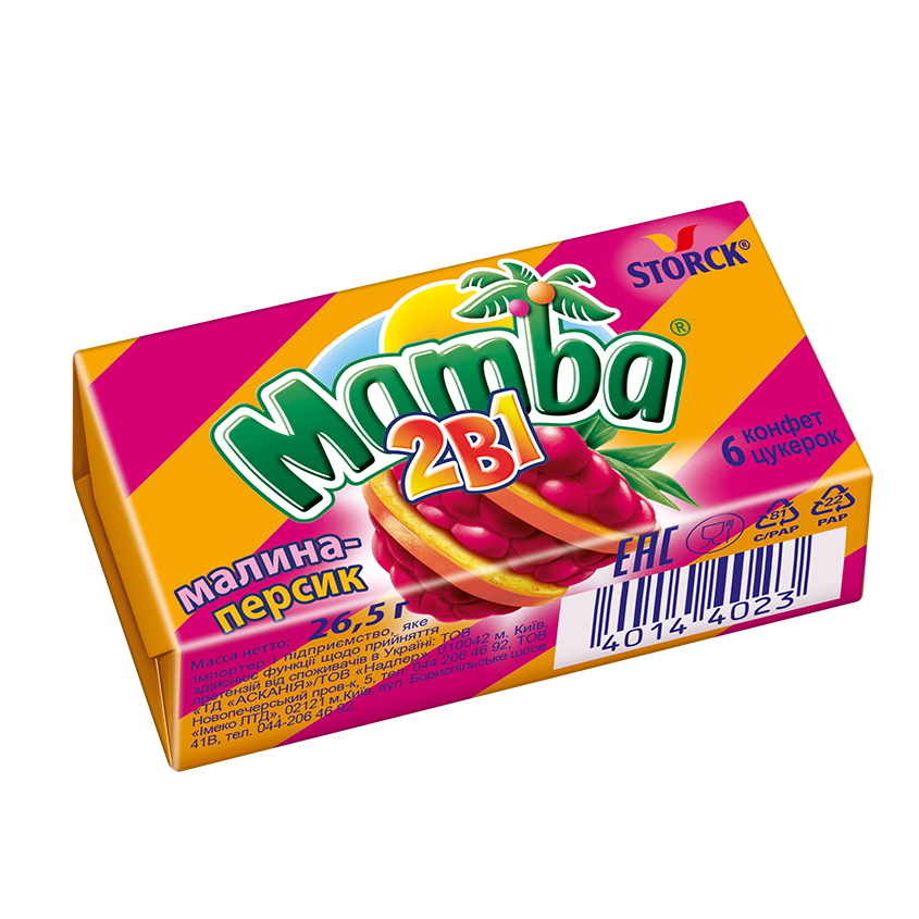 Жевательные конфеты `MAMBA` красная смородина и лайм, персик с малиной 26,5 г