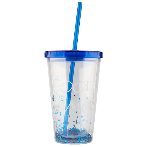 

Стакан для воды FUN с трубочкой и блестками dark blue 450 мл
