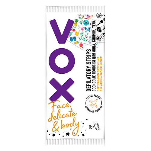 

Полоски восковые VOX 8 для тела, 4 для бикини, 4 для лица, 2 салфетки, 1 тату
