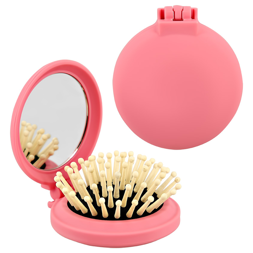 Расческа для волос с зеркалом `LADY PINK` с деревянными зубчиками розовая