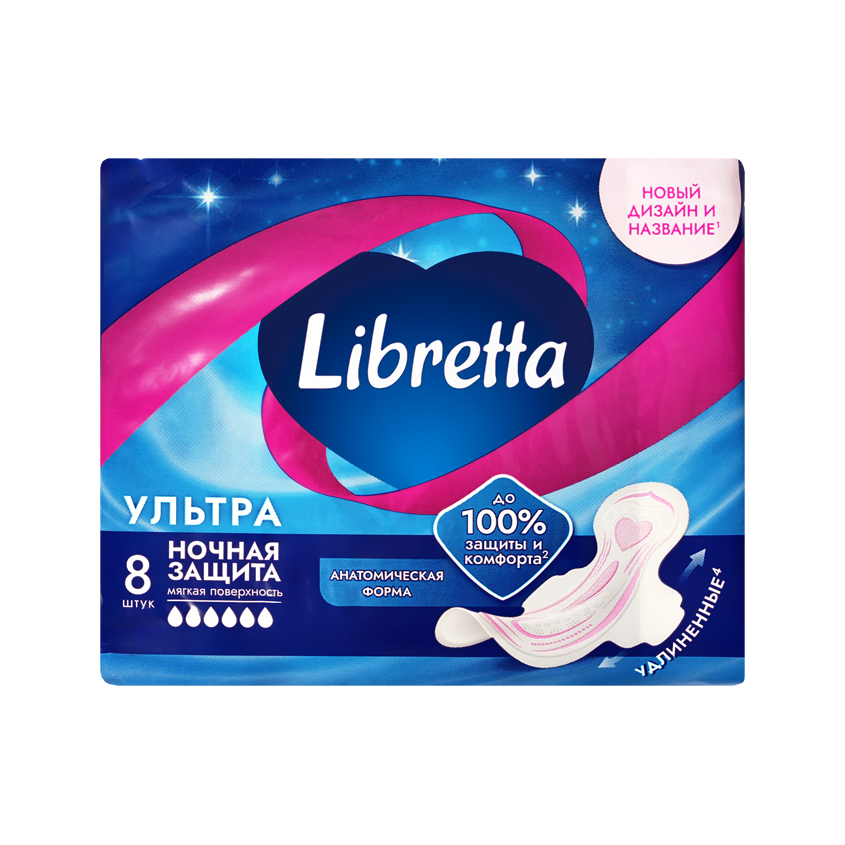 Прокладки гигиенические  LIBRETTA УЛЬТРА Ночные с мягкой поверхностью 8 шт