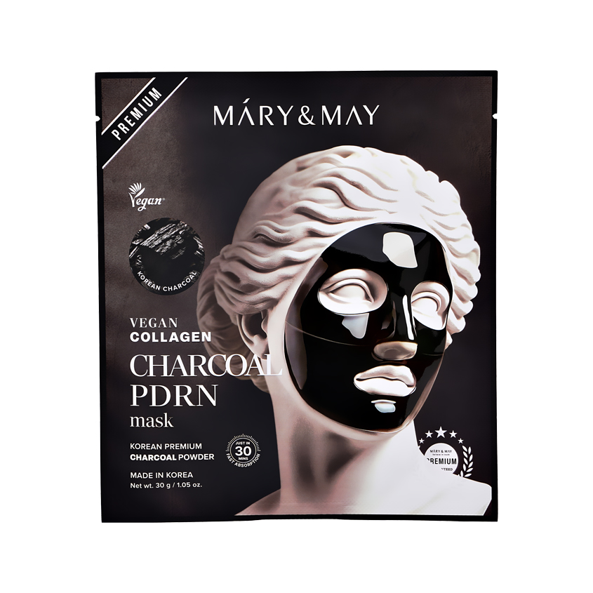 Маска для лица `MARY&MAY` гидрогелевая укрепляющая с ПДРН, древесным углем и веганским коллагеном 30 г