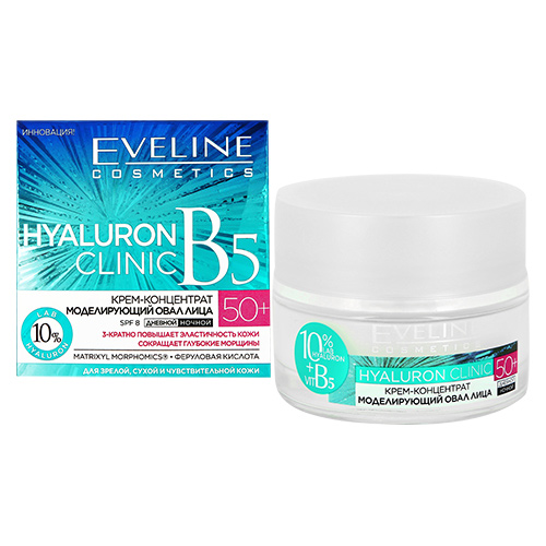 

Крем-концентрат для лица EVELINE HYALURON CLINIC дневной и ночной 50+ SPF-8 моделирующий овал лица 50 мл