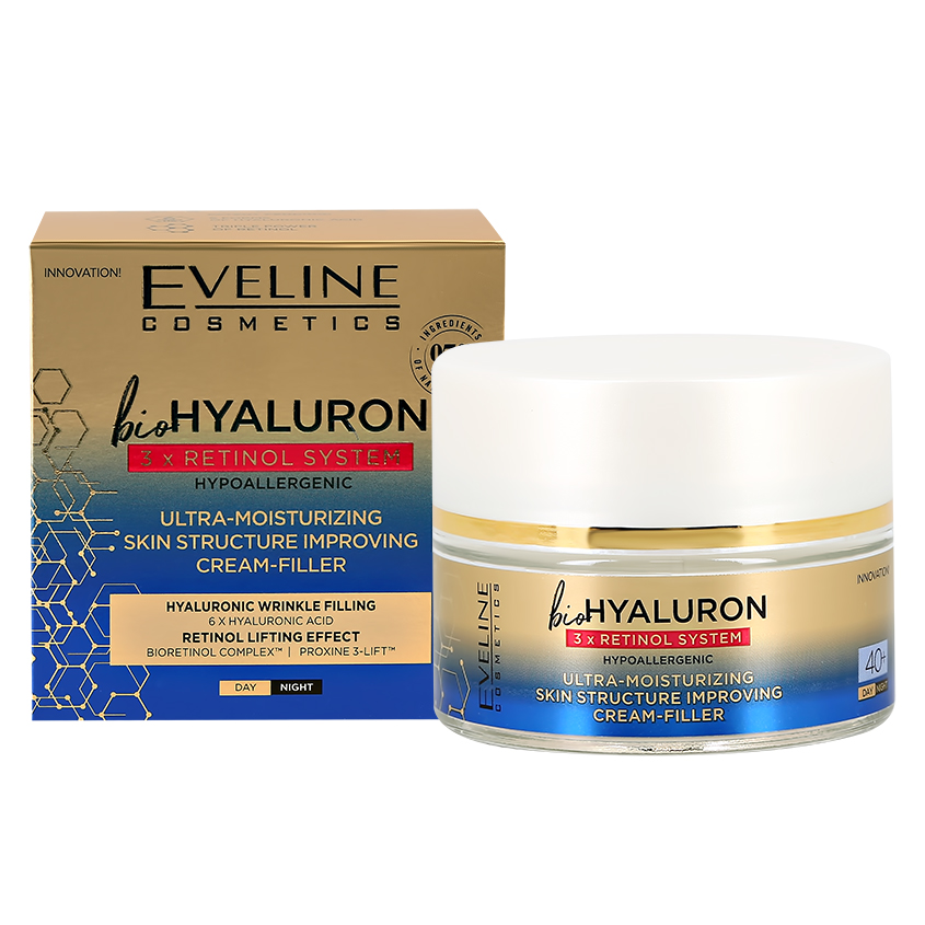 

Крем для лица EVELINE BIOHYALURON 3XRETINOL SYSTEM 40+ с гиалуроновой кислотой и ретинолом 50 мл