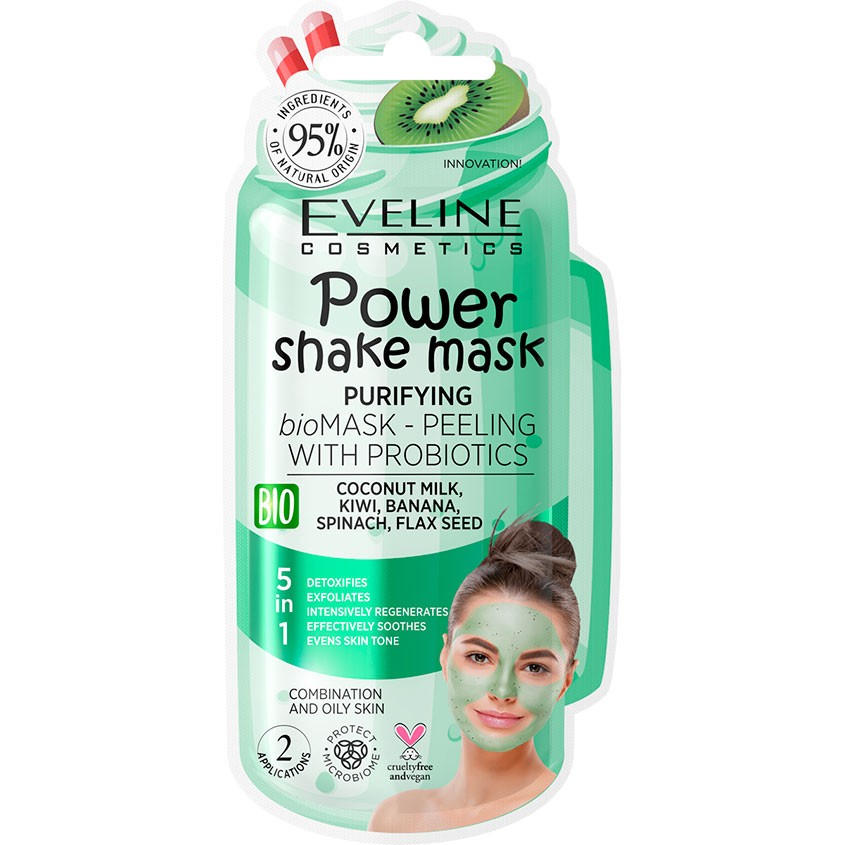 Маска для лица EVELINE POWER SHAKE с пробиотиками и кокосовым молочком очищающая 8 мл уход за лицом eveline маска для лица с пробиотиками и кокосовым молочком очищающая