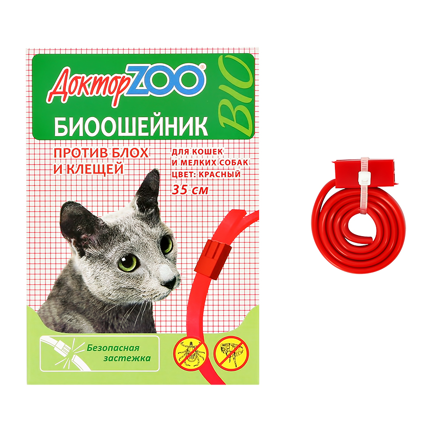 Биоошейник для кошек и мелких собак `ДОКТОР ZOO` BIO против блох и клещей 35 см (красный) 1 шт