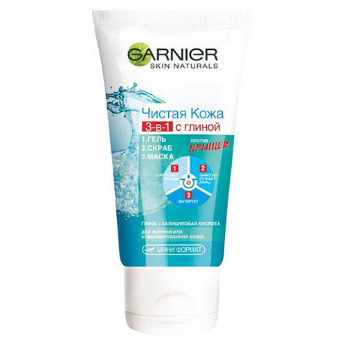

Средство для умывания GARNIER SKIN NATURALS ЧИСТАЯ КОЖА АКТИВ с глиной 3 в 1 гель+скраб+маска 50 мл