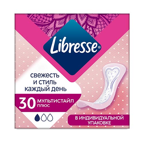 

Прокладки ежедневные LIBRESSE СВЕЖЕСТЬ И СТИЛЬ Мультистайл плюс в индивидуальной упаковке 30 шт