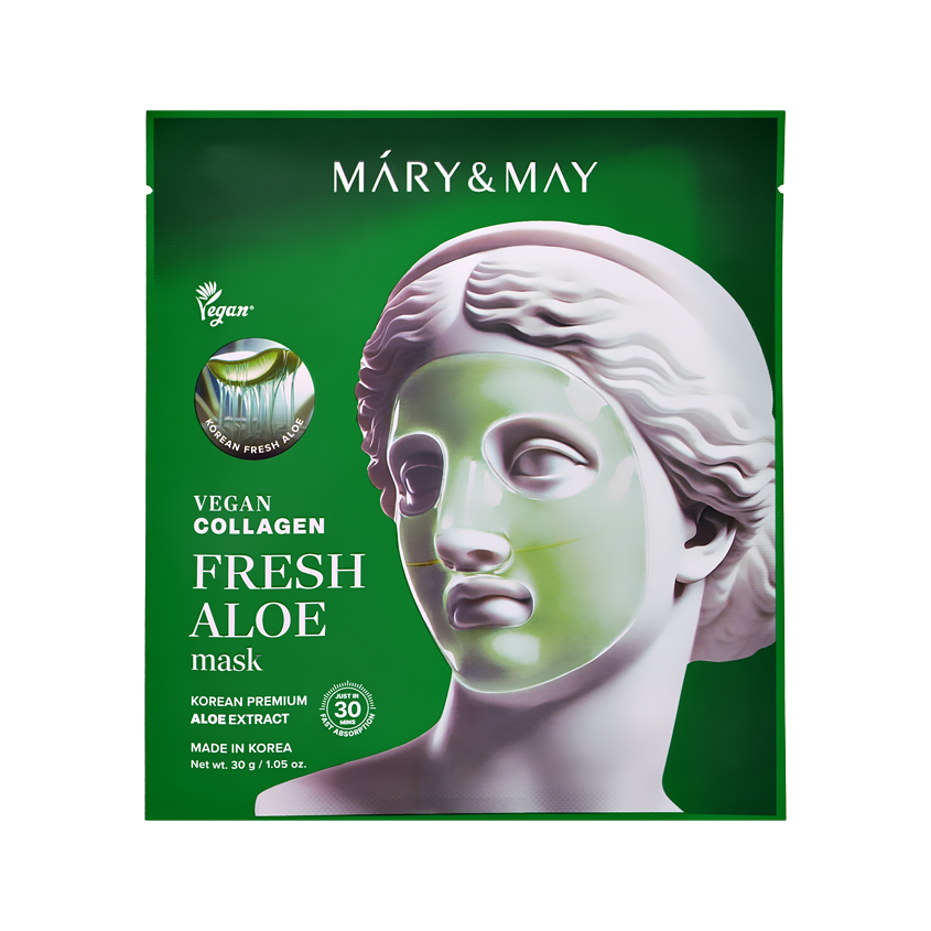 Маска для лица `MARY&MAY` гидрогелевая успокаивающая с алоэ и веганским коллагеном 30 г