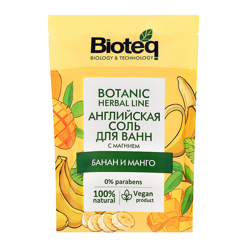 Соль для ванн BIOTEQ английская Банан и манго с магнием 500 г средства для ванной и душа bioteq английская соль для ванн с бананом и манго