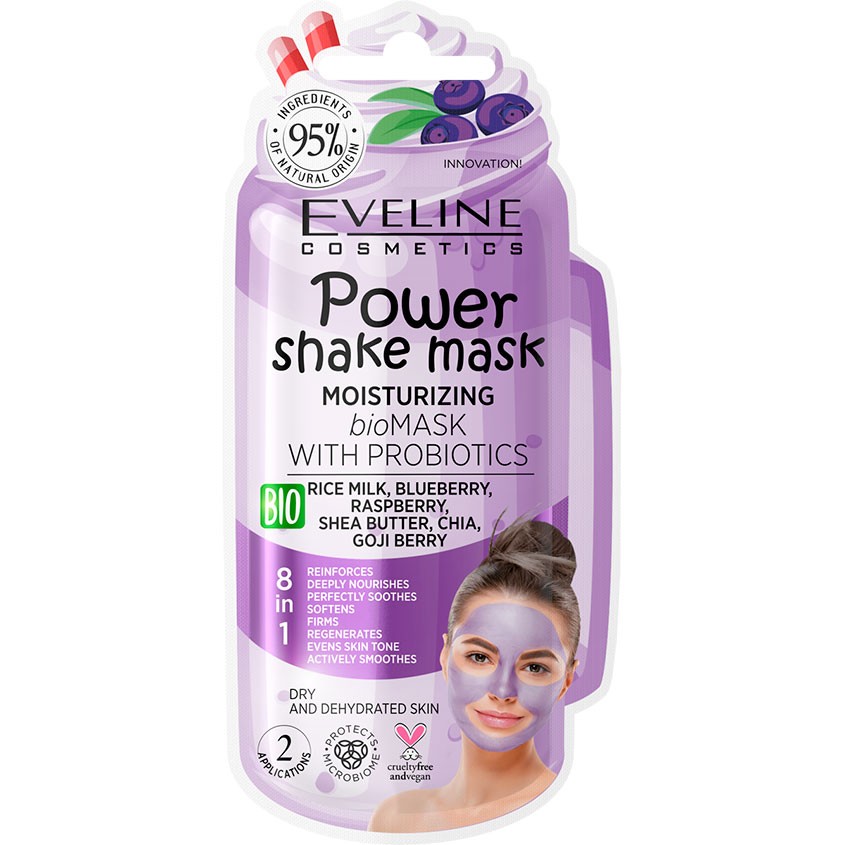 

Маска для лица EVELINE POWER SHAKE с пробиотиками и рисовым молочком интенсивно увлажняющая 8 мл