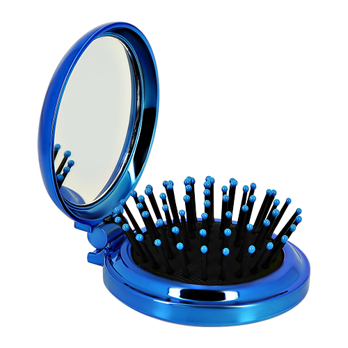 Расческа для волос `LADY PINK` с зеркалом складная (синий металлик)