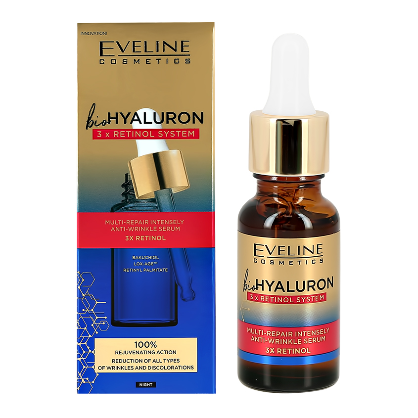 Сыворотка для лица `EVELINE` `BIOHYALURON` 3XRETINOL SYSTEM с гиалуроновой кислотой и ретинолом (ночная) 18 мл