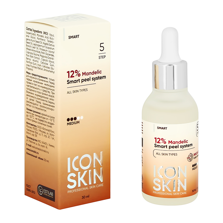 Пилинг для лица ICON SKIN 12% миндальный 30 мл миндальный пилинг 25% icon skin mandelic smart peel system 30 мл