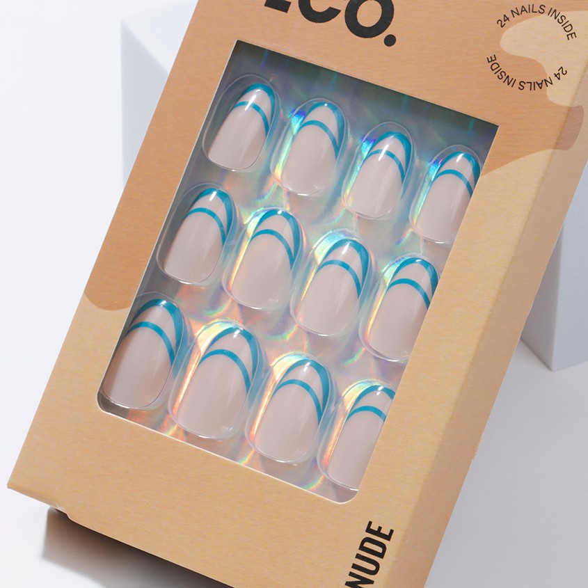 Набор накладных ногтей с клеевыми стикерами `DECO.` NUDE blue line (24 шт + клеевые стикеры 24 шт)