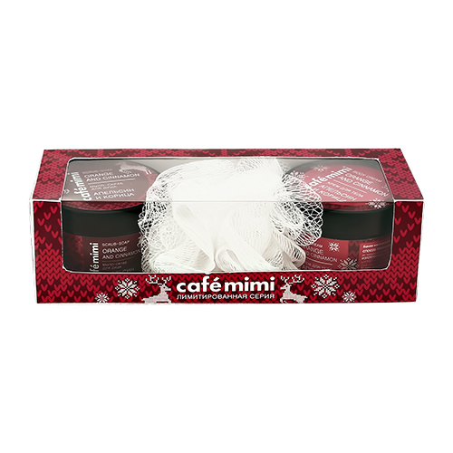 Набор подарочный женский CAFE MIMI ORANGE AND CINNAMON мыло-скраб для душа 110 мл, крем для тела 110 мл, мочалка 1 шт