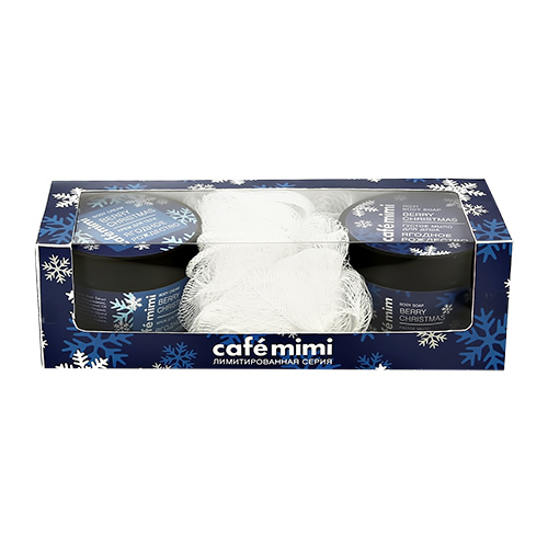 

Набор подарочный женский CAFE MIMI BERRY CHRISTMAS густое мыло для душа 110 мл, крем для тела 110 мл, мочалка 1 шт