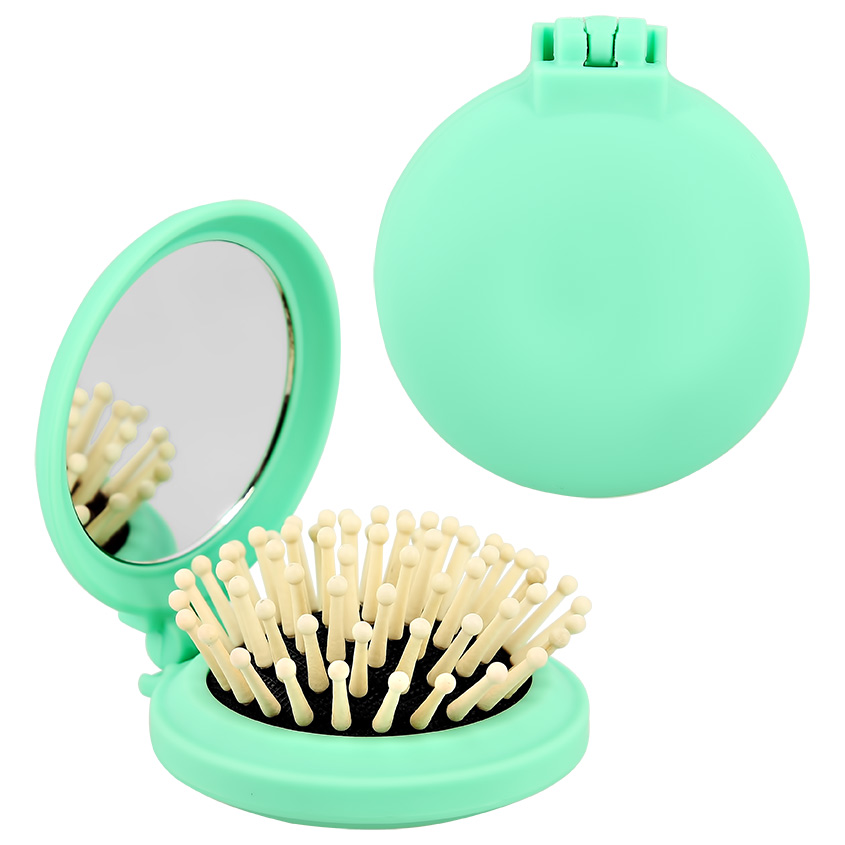 Расческа для волос с зеркалом `LADY PINK` с деревянными зубчиками зеленая