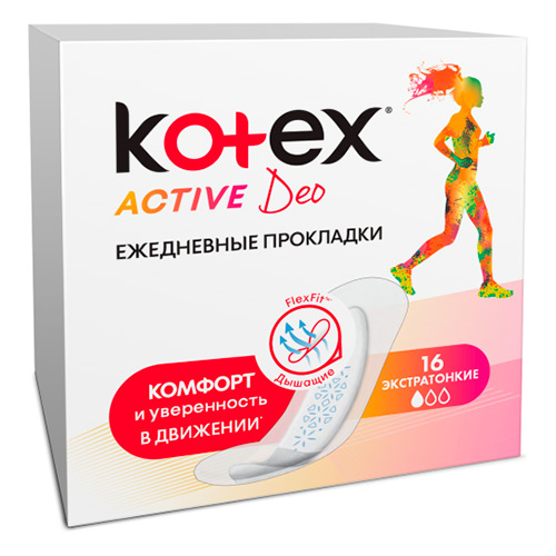 

Прокладки ежедневные KOTEX ACTIVE экстратонкие 16 шт