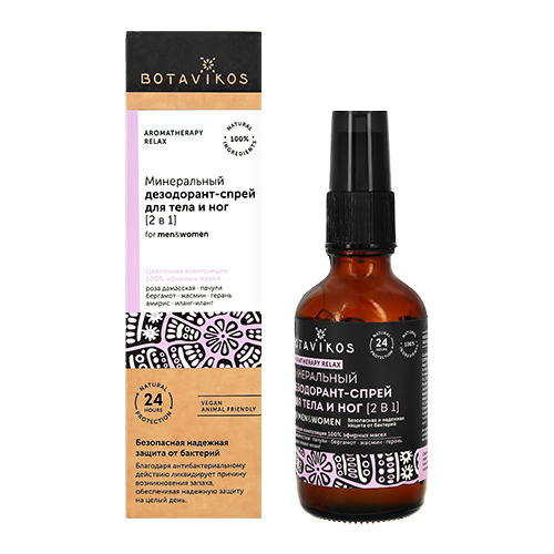 

Дезодорант-спрей для тела и ног BOTAVIKOS AROMATHERAPY RELAX 2 в 1 минеральный цветочный 50 мл