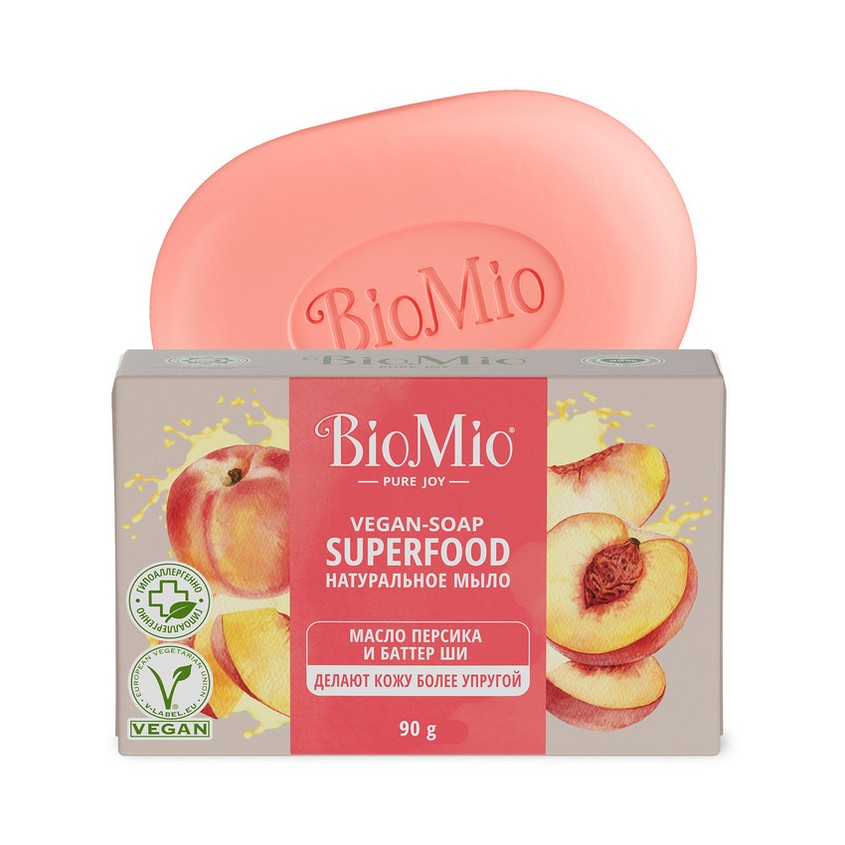 Мыло твердое BIOMIO SUPERFOOD натуральное, персик и ши 90 гр