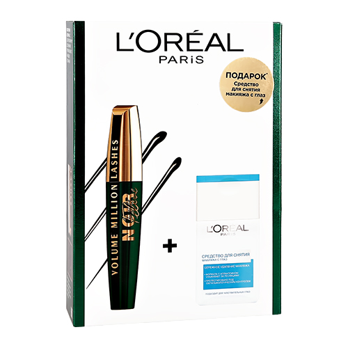 Набор подарочный женский LOREAL тушь для ресниц VOLUME MILLION LASHES FELINE NOIR, средство для снятия макияжа с глаз - фото 1