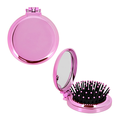 Расческа для волос `LADY PINK` с зеркалом складная (розовый металлик)