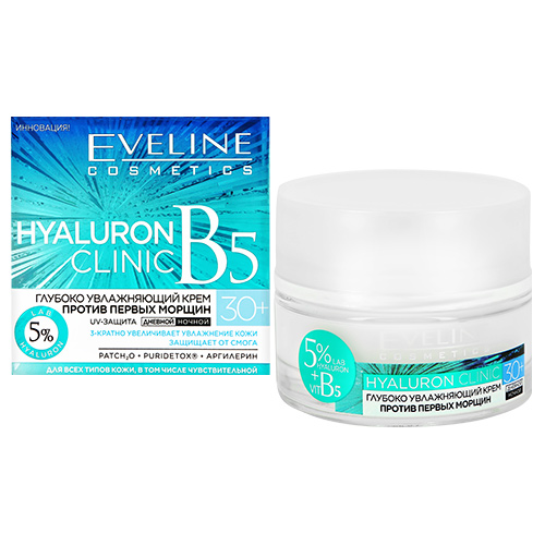 

Крем для лица EVELINE HYALURON CLINIC дневной и ночной 30+ против первых морщин 50 мл