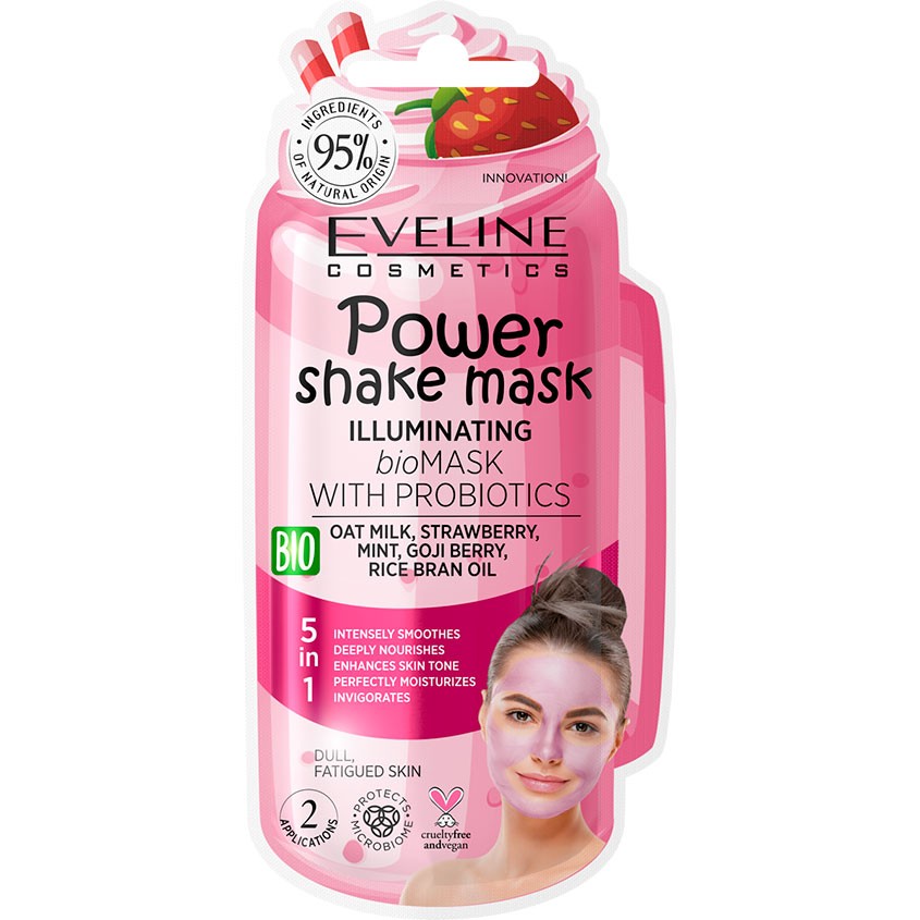 Маска для лица `EVELINE` POWER SHAKE с пробиотиками и овсяным молочком (разглаживающая) 8 мл