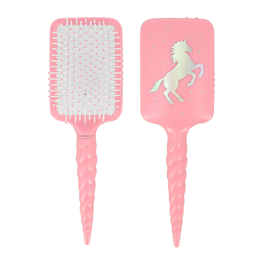 Расческа для волос большая прямоугольная `MISS PINKY` розовая, с принтом единорог