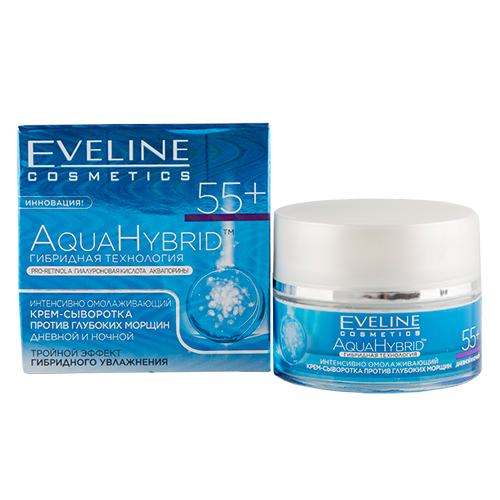 

Крем-сыворотка для лица EVELINE AQUA HYBRID дневной и ночной 55+ против глубоких морщин 50 мл