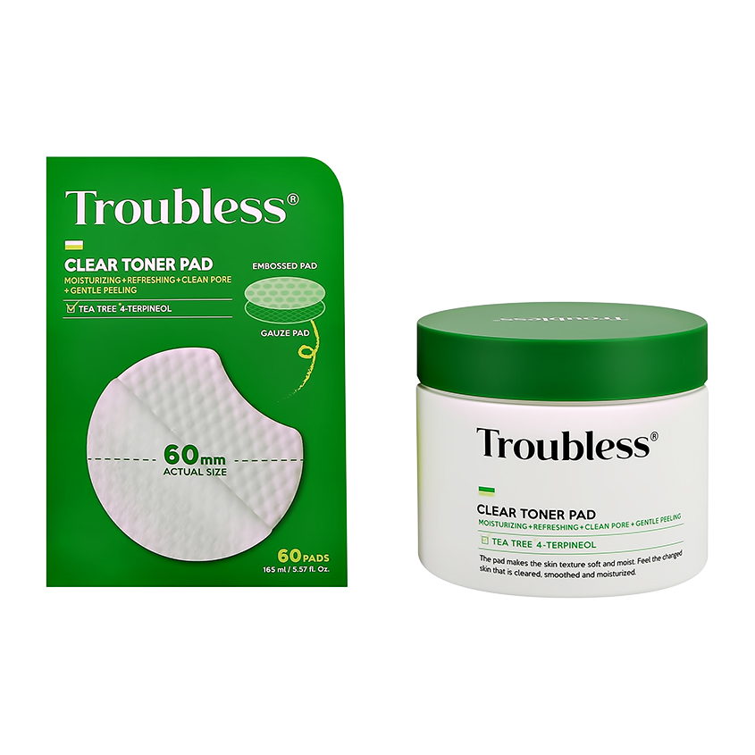 Диски для лица `TROUBLESS` с маслом чайного дерева (очищающие и увлажняющие) 60 шт.