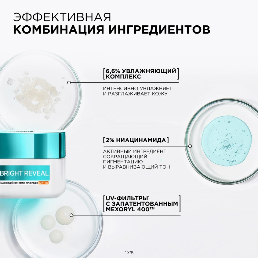 Крем для лица `LOREAL` BRIGHT REVEAL SPF-50 ниацинамид + mexoryl 400 (против пигментации увлажняющий) 50 мл